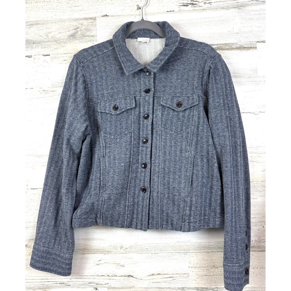 ECRU Womens XL Blue Gray Terry Knit Chevron Button Up Soft Cropped Jacket Coat